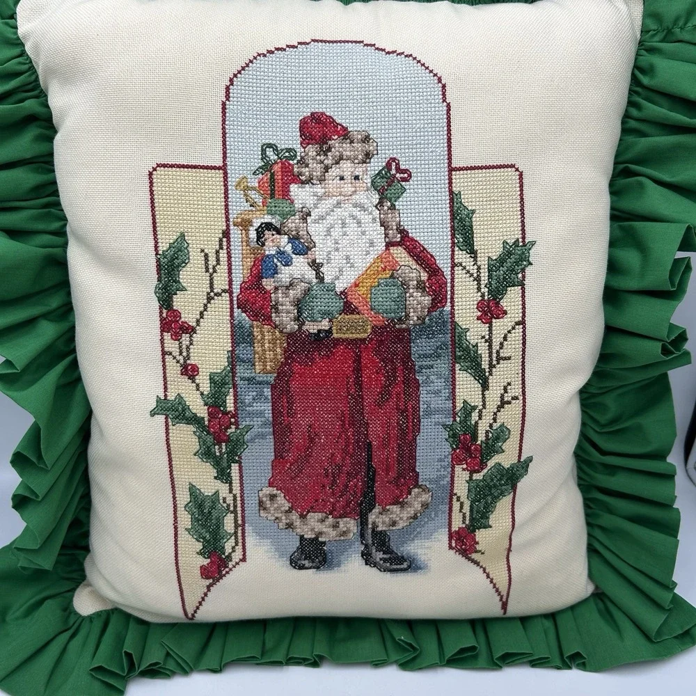 Vintage Handmade Cross Stitch Christmas Pillow Santa‎ Claus Ruffled Trim